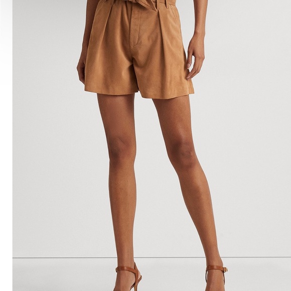 NWT Women’s Lauren Ralph Lauren Belted Suede Shorts Size 10 Light Brown - Picture 3 of 15